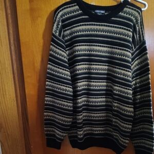 Jantzen Black and Tan Striped Crewneck Sweater